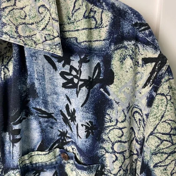 Mens Retro 90s Silk Patterned Blue Button Down Short Sleeve Shirt - Picture 3 of 8